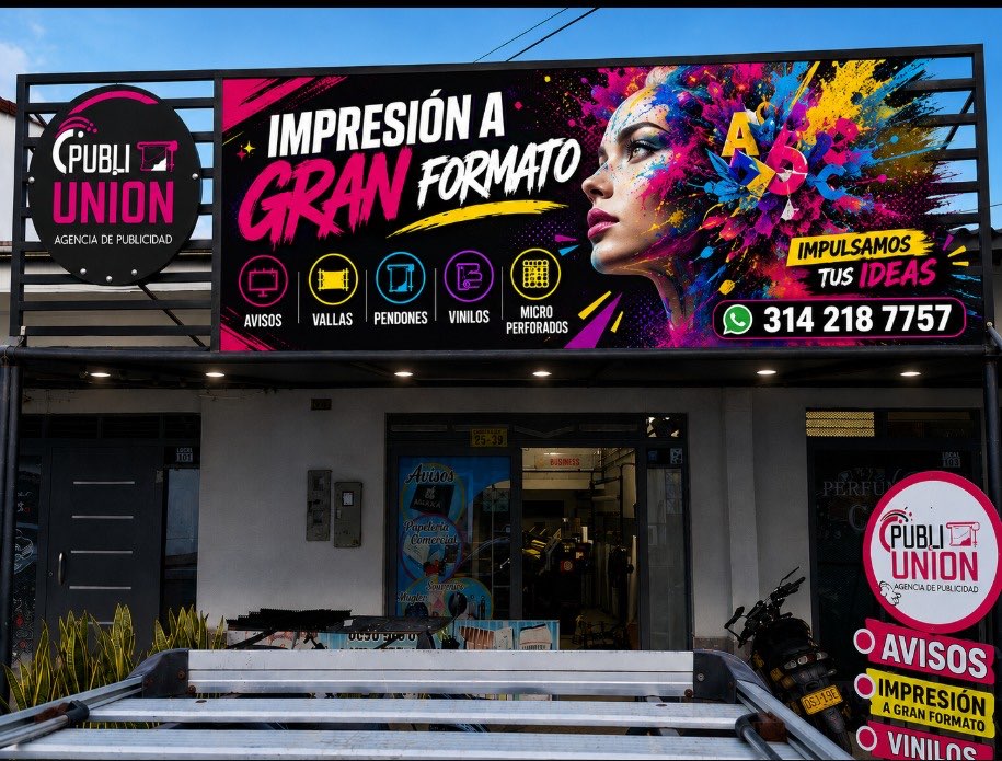 Fachada del taller de PubliUnion en Villavicencio, con su aviso luminoso de gran formato instalado